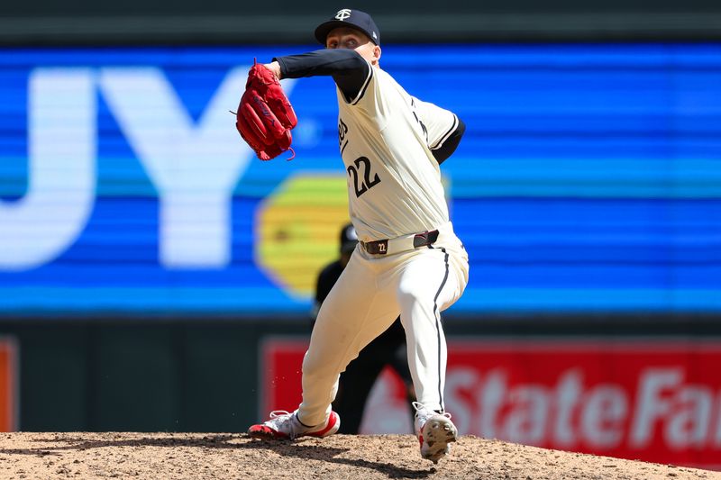 Apr 25, 2024; Minneapolis, Minnesota, USA; Minnesota Twins relief pitcher Griffin Jax (22) delivers a pitch against the Chicago White Sox during the ninth inning at Target Field. Mandatory Credit: Matt Krohn-USA TODAY Sports