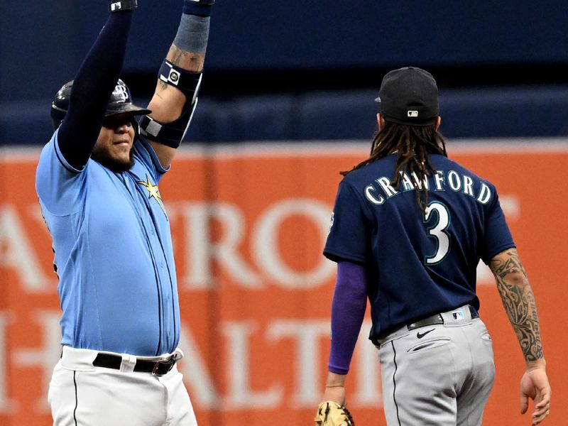 Sep 10, 2023; St. Petersburg, Florida, USA; Tampa Bay Rays designated hitter Harold Ramirez (43) celebrates after hitting a two run double in the first inning against the Seattle Mariners  at Tropicana Field. Mandatory Credit: Jonathan Dyer-USA TODAY Sports