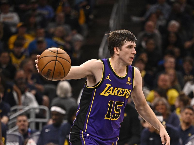 INDIANAPOLIS, IN - MARCH 29: Austin Reaves #15 of the Los Angeles Lakers dribbles the ball during the game against the Indiana Pacers on March 24, 2024 at Gainbridge Fieldhouse in Indianapolis, Indiana. NOTE TO USER: User expressly acknowledges and agrees that, by downloading and or using this Photograph, user is consenting to the terms and conditions of the Getty Images License Agreement. Mandatory Copyright Notice: Copyright 2024 NBAE (Photo by David Dow/NBAE via Getty Images)