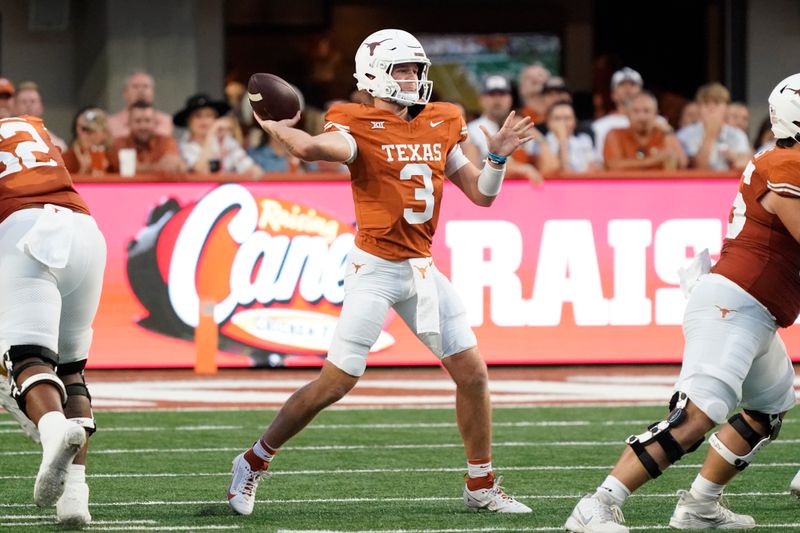 Sep 16, 2023; Austin, Texas, USA; Texas Longhorns quarterback Quinn Ewers (3) throws a pass in the first half against the Wyoming Cowboys at Darrell K Royal-Texas Memorial Stadium. Mandatory Credit: Scott Wachter-USA TODAY Sports