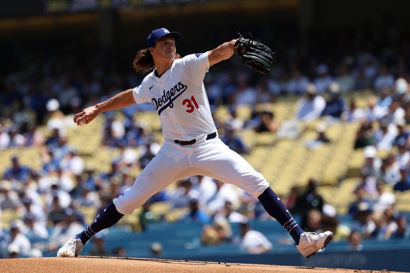 Aug 11, 2024; Los Angeles, California, USA;  Los Angeles Dodgers starting pitcher Tyler Glasnow (31) throws during the first inning against the Pittsburgh Pirates at Dodger Stadium. Mandatory Credit: Kiyoshi Mio-USA TODAY Sports