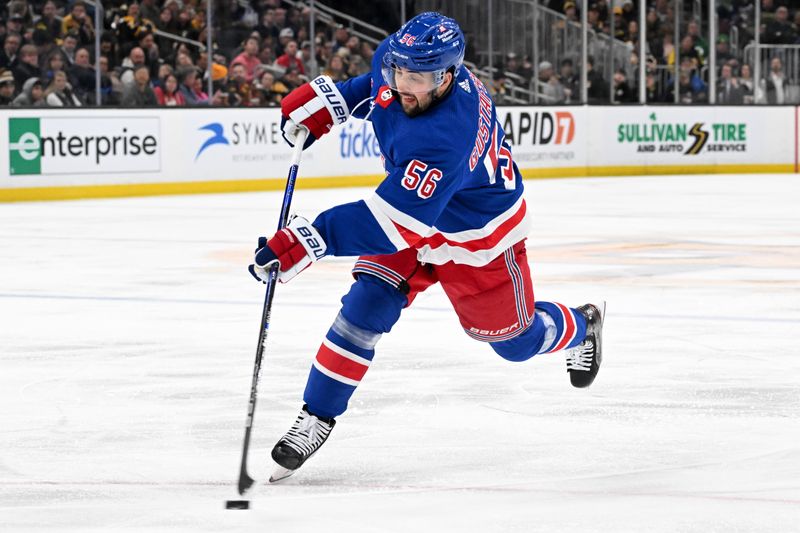 Mar 21, 2024; Boston, Massachusetts, USA; New York Rangers defenseman Erik Gustafsson (56) takes a shot against the Boston Bruins during the second period at the TD Garden. Mandatory Credit: Brian Fluharty-USA TODAY Sports