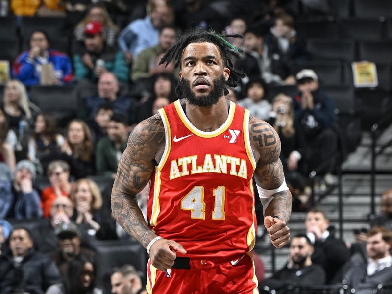 BROOKLYN, NY - FEBRUARY 29: Saddiq Bey #41 of the Atlanta Hawks looks on during the game against the Brooklyn Nets on February 29, 2024 at Barclays Center in Brooklyn, New York. NOTE TO USER: User expressly acknowledges and agrees that, by downloading and or using this Photograph, user is consenting to the terms and conditions of the Getty Images License Agreement. Mandatory Copyright Notice: Copyright 2024 NBAE (Photo by David Dow/NBAE via Getty Images)