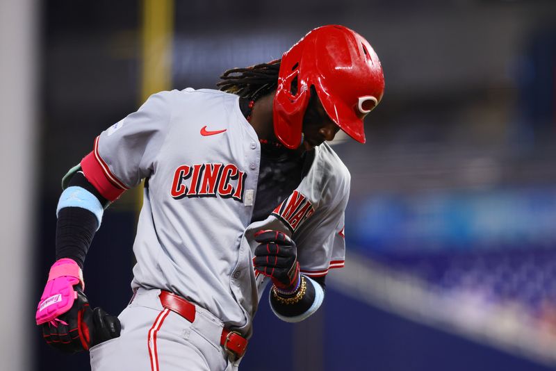 Aug 5, 2024; Miami, Florida, USA; Cincinnati Reds shortstop Elly De La Cruz (44) circles the bases after hitting a two-run home run against the Miami Marlins during the first inning at loanDepot Park. Mandatory Credit: Sam Navarro-USA TODAY Sports