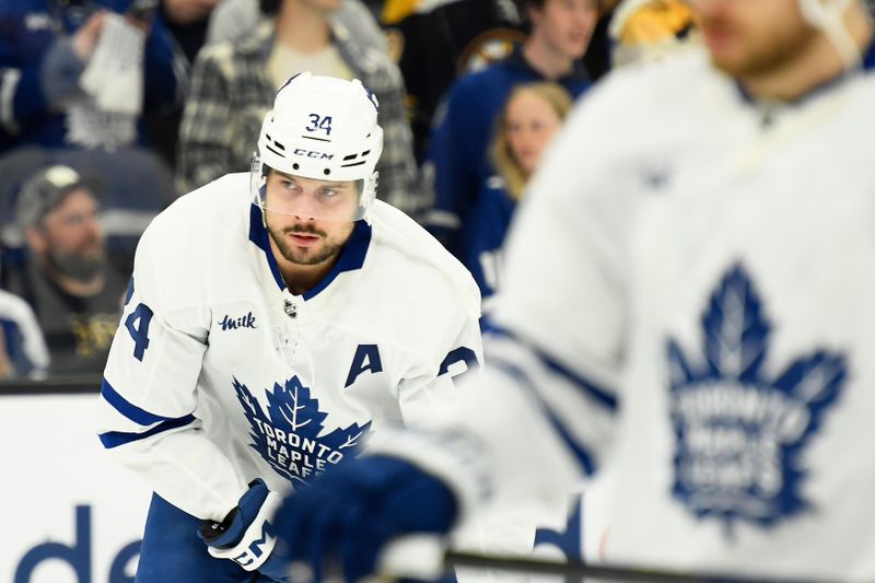 May 4, 2024; Boston, Massachusetts, USA; Toronto Maple Leafs center Auston Matthews (34) participates in warmups prior to game seven of the first round of the 2024 Stanley Cup Playoffs against the Boston Bruins at TD Garden. Mandatory Credit: Bob DeChiara-USA TODAY Sports