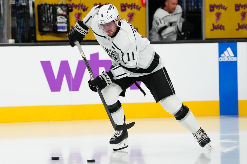 Nov 8, 2023; Las Vegas, Nevada, USA; Los Angeles Kings center Anze Kopitar (11) warms up before a game against the Vegas Golden Knights at T-Mobile Arena. Mandatory Credit: Stephen R. Sylvanie-USA TODAY Sports