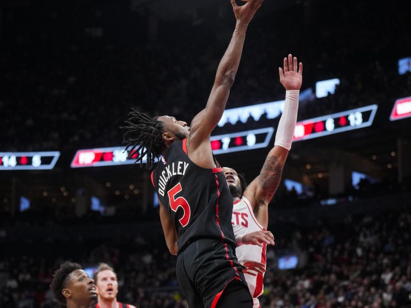 TORONTO, ON - FEBRUARY 9: Immanuel Quickley #5 of the Toronto Raptors puts up a shot against the Houston Rockets during the first half at the Scotiabank Arena on February 9, 2024 in Toronto, Ontario, Canada. NOTE TO USER: User expressly acknowledges and agrees that, by downloading and/or using this Photograph, user is consenting to the terms and conditions of the Getty Images License Agreement. (Photo by Mark Blinch/Getty Images)