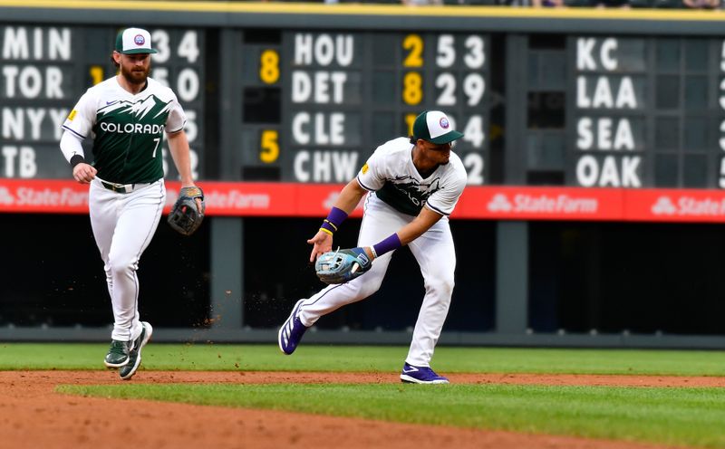 May 11, 2024; Denver, Colorado, USA; Colorado Rockies shortstop Ezequiel Tovar (14) scoops up a ground ball to throw a  runner out at first base against the Texas Rangers during the third inning at Coors Field. Mandatory Credit: John Leyba-USA TODAY Sports