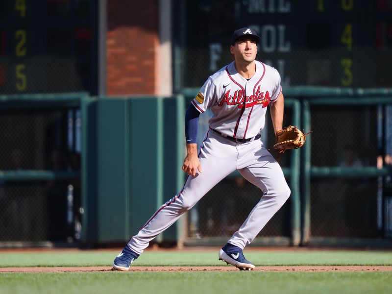 Aug 27, 2023; San Francisco, California, USA; Atlanta Braves first baseman Matt Olson (28) follows the ball against the San Francisco Giants during the fourth inning at Oracle Park. Mandatory Credit: Kelley L Cox-USA TODAY Sports