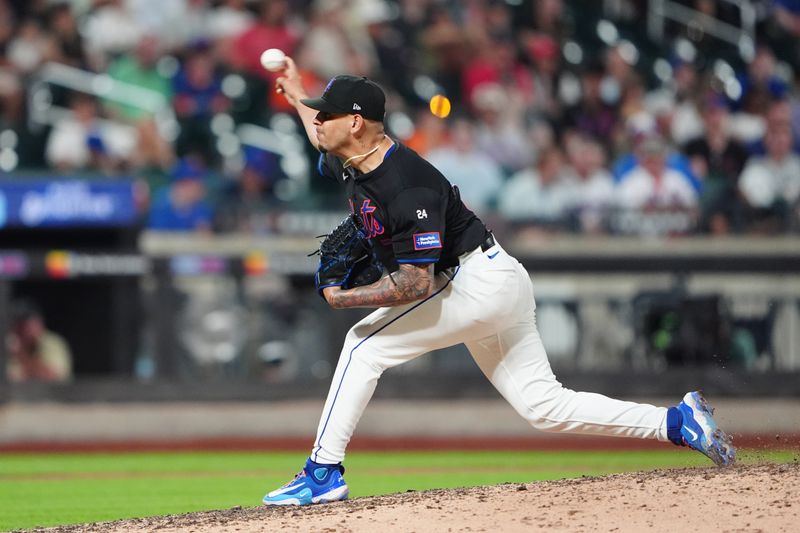 Jul 10, 2024; New York City, New York, USA; New York Mets pitcher Jose Butto (70) delivers a pitch against the Washington Nationals during the eighth inning at Citi Field. Mandatory Credit: Gregory Fisher-USA TODAY Sports