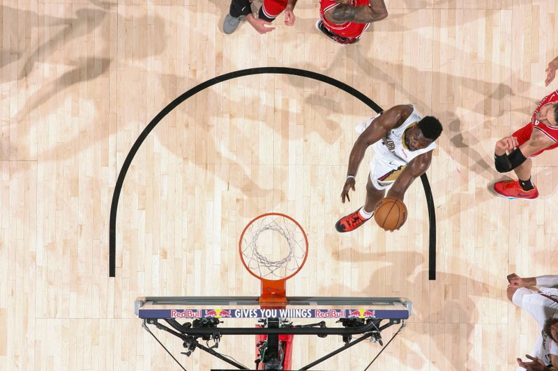 NEW ORLEANS, LA - FEBRUARY 25: Zion Williamson #1 of the New Orleans Pelicans shoots the ball during the game against the Chicago Bulls on February 25, 2024 at the Smoothie King Center in New Orleans, Louisiana. NOTE TO USER: User expressly acknowledges and agrees that, by downloading and or using this Photograph, user is consenting to the terms and conditions of the Getty Images License Agreement. Mandatory Copyright Notice: Copyright 2024 NBAE (Photo by Layne Murdoch Jr./NBAE via Getty Images)