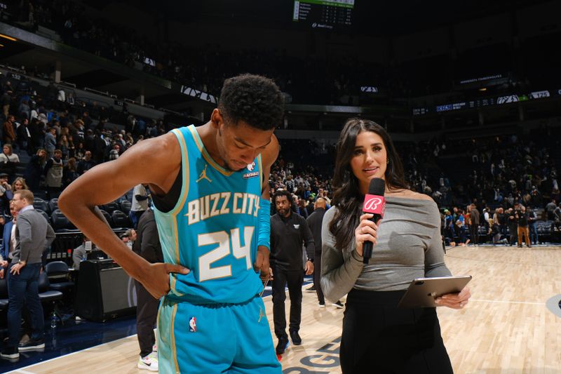 MINNEAPOLIS, MN -  JANUARY 22: Brandon Miller #24 of the Charlotte Hornets talks to the media after the game against the Minnesota Timberwolves on January 22, 2024 at Target Center in Minneapolis, Minnesota. NOTE TO USER: User expressly acknowledges and agrees that, by downloading and or using this Photograph, user is consenting to the terms and conditions of the Getty Images License Agreement. Mandatory Copyright Notice: Copyright 2024 NBAE (Photo by David Sherman/NBAE via Getty Images)