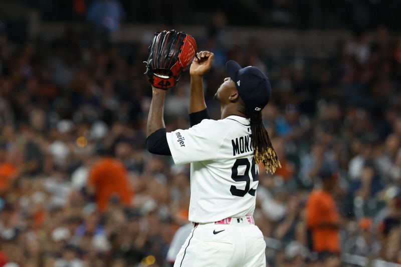 Sep 16, 2025; Detroit, Michigan, USA;  Detroit Tigers pitcher Rafael Montero (99) celebrates in the eighth inning against the Cleveland Guardians at Comerica Park. Mandatory Credit: Rick Osentoski-Imagn Images