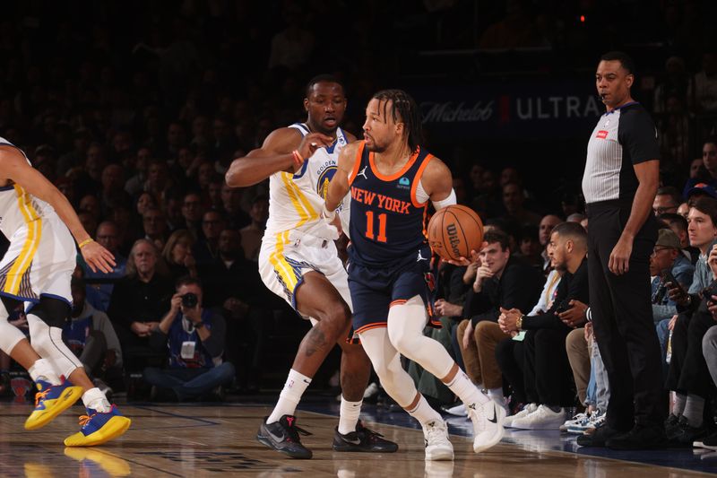 NEW YORK, NY - FEBRUARY 29: Jalen Brunson #11 of the New York Knicks dribbles the ball during the game against the Golden State Warriors on January 29, 2024 at Madison Square Garden in New York City, New York.  NOTE TO USER: User expressly acknowledges and agrees that, by downloading and or using this photograph, User is consenting to the terms and conditions of the Getty Images License Agreement. Mandatory Copyright Notice: Copyright 2024 NBAE  (Photo by Nathaniel S. Butler/NBAE via Getty Images)