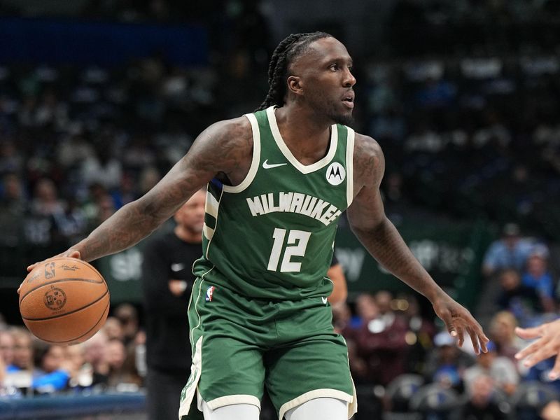 DALLAS, TX - OCTOBER 17: Taurean Prince #12 of the Milwaukee Bucks dribbles the ball during the game against the Dallas Mavericks during a NBA preseason game on October 17, 2024 at American Airlines Center in Dallas, Texas. NOTE TO USER: User expressly acknowledges and agrees that, by downloading and or using this photograph, User is consenting to the terms and conditions of the Getty Images License Agreement. Mandatory Copyright Notice: Copyright 2024 NBAE (Photo by Glenn James/NBAE via Getty Images)