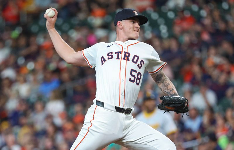 Jul 30, 2024; Houston, Texas, USA; Houston Astros starting pitcher Hunter Brown (58) delivers a pitch during the second inning against the Pittsburgh Pirates at Minute Maid Park. Mandatory Credit: Troy Taormina-USA TODAY Sports