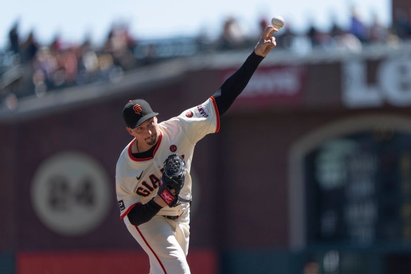 Sep 5, 2024; San Francisco, California, USA;  San Francisco Giants pitcher Blake Snell (7) pitches during the first inning against the Arizona Diamondbacks at Oracle Park. Mandatory Credit: Stan Szeto-Imagn Images