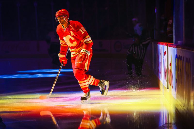 Nov 1, 2022; Calgary, Alberta, CAN; Calgary Flames center Jonathan Huberdeau (10) takes the ice prior to the game against the Seattle Kraken at Scotiabank Saddledome. Mandatory Credit: Sergei Belski-USA TODAY Sports