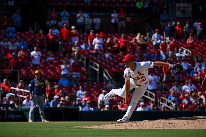 Aug 22, 2024; St. Louis, Missouri, USA;  St. Louis Cardinals relief pitcher Ryan Helsley (56) pitches against the Milwaukee Brewers during the ninth inning at Busch Stadium. Mandatory Credit: Jeff Curry-USA TODAY Sports