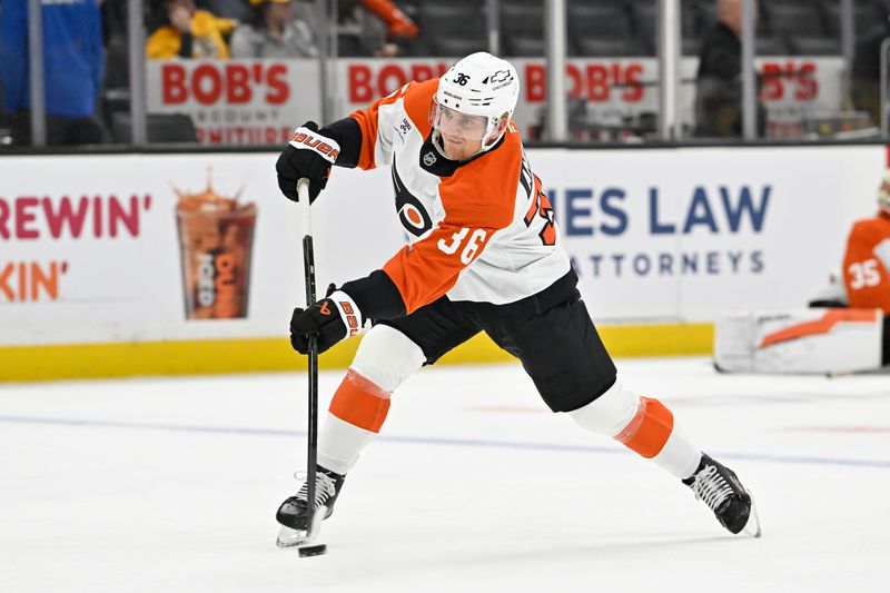 Sep 29, 2025; Boston, Massachusetts, USA;  Philadelphia Flyers defenseman Emil Andrae (36) warms up before a game against the Boston Bruins at TD Garden. Mandatory Credit: Eric Canha-Imagn Images