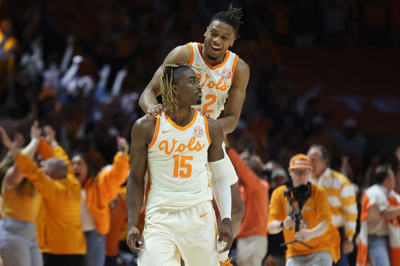 Mar 1, 2025; Knoxville, Tennessee, USA; Tennessee Volunteers guard Chaz Lanier (2) celebrates with guard Jahmai Mashack (15) Mashack hit a game winning three pointer against the Alabama Crimson Tide at Thompson-Boling Arena at Food City Center. Mandatory Credit: Randy Sartin-Imagn Images