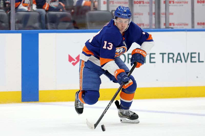 Jan 25, 2025; Elmont, New York, USA; New York Islanders center Mathew Barzal (13) controls the puck against the Carolina Hurricanes during the third period at UBS Arena. Mandatory Credit: Brad Penner-Imagn Images