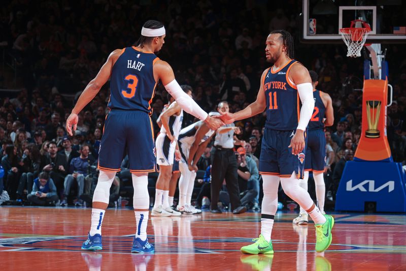 NEW YORK, NY - DECEMBER 3: Josh Hart #3 and Jalen Brunson #11 of the New York Knicks high five during the game against the Orlando Magic during the Emirates NBA Cup on December 3, 2024 at Madison Square Garden in New York City, New York.  NOTE TO USER: User expressly acknowledges and agrees that, by downloading and or using this photograph, User is consenting to the terms and conditions of the Getty Images License Agreement. Mandatory Copyright Notice: Copyright 2024 NBAE  (Photo by Nathaniel S. Butler/NBAE via Getty Images)