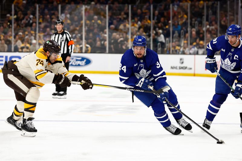 Mar 7, 2024; Boston, Massachusetts, USA; Toronto Maple Leafs center Auston Matthews (34) drives around Boston Bruins left wing Jake DeBrusk (74) during the second period at TD Garden. Mandatory Credit: Winslow Townson-USA TODAY Sports