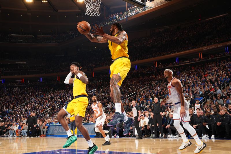 NEW YORK, NY - MAY 21:   Obi Toppin #1 of the Indiana Pacers goes up for the rebound during the game against the New York Knicks during Game 1 of the 2025 Eastern Conference Finals on May 21, 2025 at Madison Square Garden in New York City, New York.  NOTE TO USER: User expressly acknowledges and agrees that, by downloading and or using this photograph, User is consenting to the terms and conditions of the Getty Images License Agreement. Mandatory Copyright Notice: Copyright 2025 NBAE  (Photo by Jesse D. Garrabrant/NBAE via Getty Images)