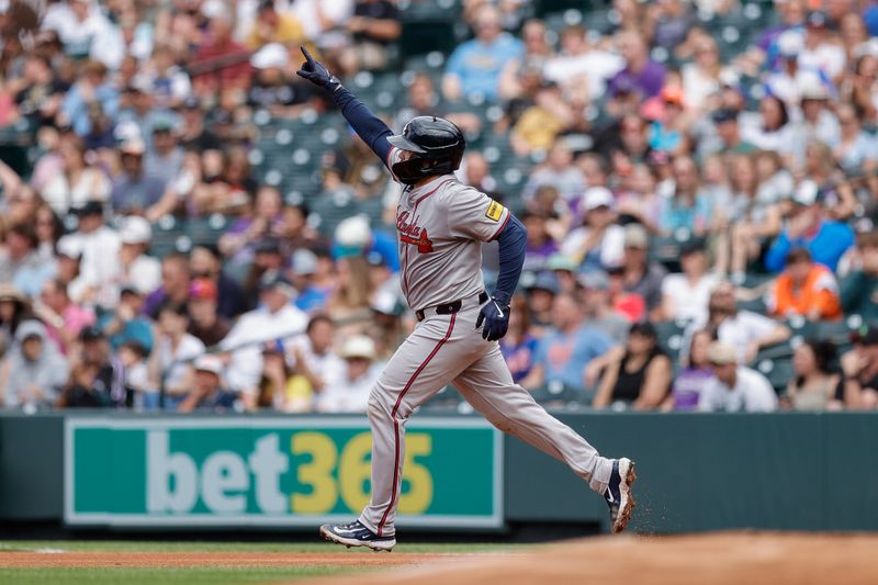 Aug 11, 2024; Denver, Colorado, USA; Atlanta Braves catcher Travis d'Arnaud (16) gestures as he rounds the bases on a two run home run in the fourth inning against the Colorado Rockies at Coors Field. Mandatory Credit: Isaiah J. Downing-USA TODAY Sports