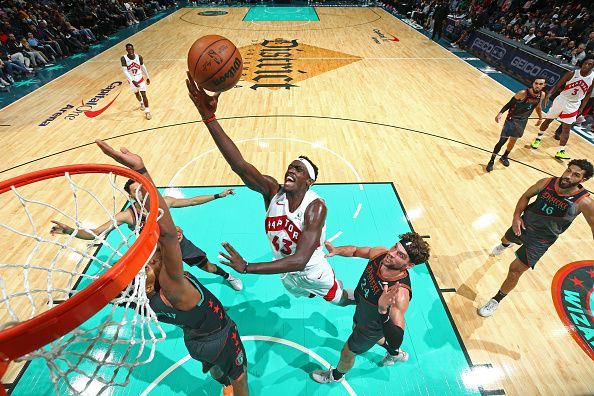 WASHINGTON, DC -? DECEMBER 27: Pascal Siakam #43 of the Toronto Raptors shoots the ball during the game against the Washington Wizards on December 27, 2023 at Capital One Arena in Washington, DC. NOTE TO USER: User expressly acknowledges and agrees that, by downloading and or using this Photograph, user is consenting to the terms and conditions of the Getty Images License Agreement. Mandatory Copyright Notice: Copyright 2023 NBAE (Photo by Stephen Gosling/NBAE via Getty Images)