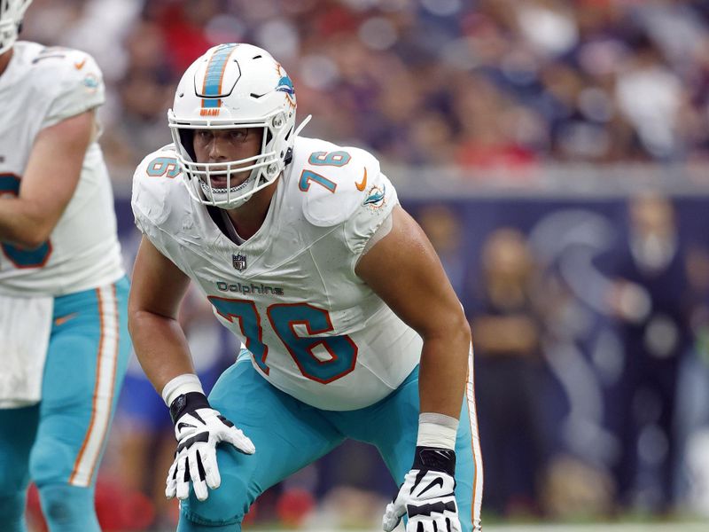 Miami Dolphins offensive tackle Ryan Hayes (76) in action during an NFL preseason football game against the Houston Texans, Saturday, Aug. 19, 2023, in Houston. (AP Photo/Tyler Kaufman)