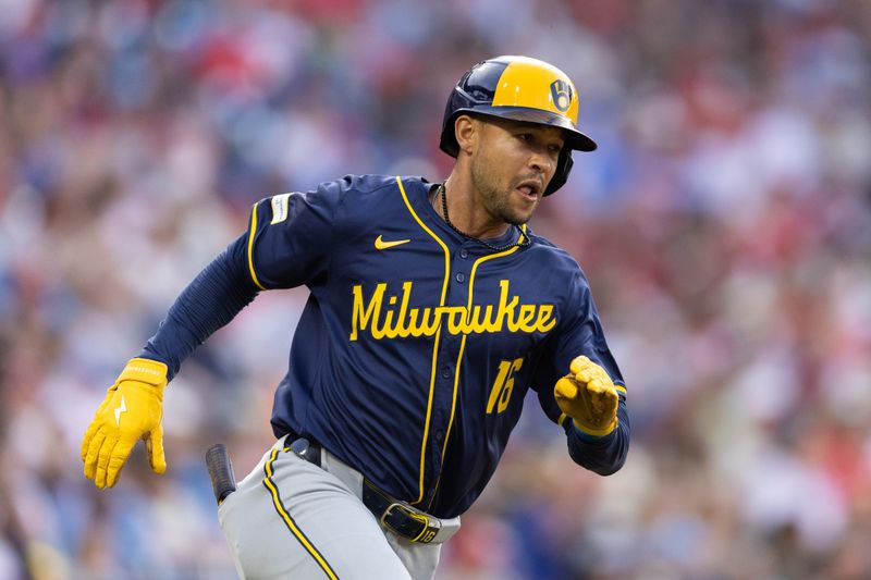 Jun 4, 2024; Philadelphia, Pennsylvania, USA; Milwaukee Brewers outfielder Blake Perkins (16) runs the bases after hitting a double during the third inning against the Philadelphia Phillies at Citizens Bank Park. Mandatory Credit: Bill Streicher-USA TODAY Sports