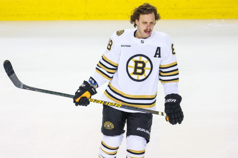 Feb 22, 2024; Calgary, Alberta, CAN; Boston Bruins right wing David Pastrnak (88) skates during the warmup period Calgary Flames at Scotiabank Saddledome. Mandatory Credit: Sergei Belski-USA TODAY Sports