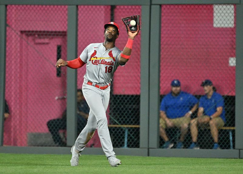 Aug 12, 2023; Kansas City, Missouri, USA;  St. Louis Cardinals right fielder Jordan Walker (18) catches a fly ball in the eighth inning against the Kansas City Royals at Kauffman Stadium. Mandatory Credit: Peter Aiken-USA TODAY Sports