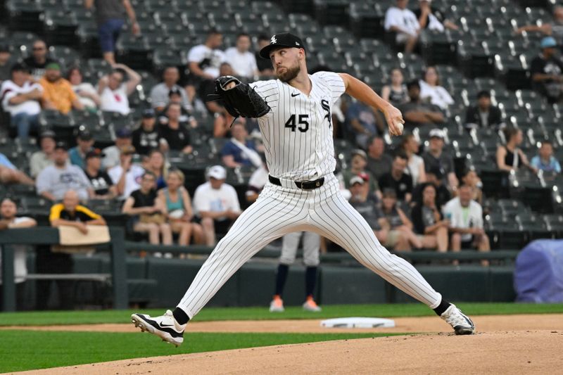 Jun 19, 2024; Chicago, Illinois, USA;  Chicago White Sox pitcher Garrett Crochet (45) delivers during the first inning against the Houston Astros at Guaranteed Rate Field. Mandatory Credit: Matt Marton-USA TODAY Sports