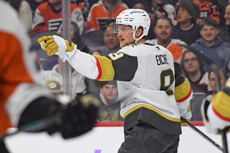 Nov 25, 2024; Philadelphia, Pennsylvania, USA; Vegas Golden Knights center Jack Eichel (9) celebrates his goal against the Philadelphia Flyers during the second period at Wells Fargo Center. Mandatory Credit: Eric Hartline-Imagn Images