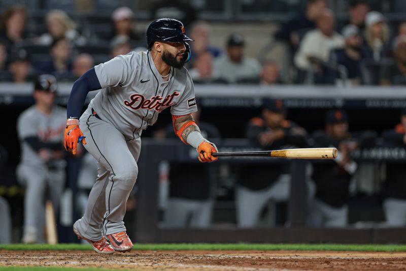 Sep 10, 2025; Bronx, New York, USA; Detroit Tigers second baseman Gleyber Torres (25) hits an RBI ground out during the seventh inning against the New York Yankees at Yankee Stadium. Mandatory Credit: Vincent Carchietta-Imagn Images