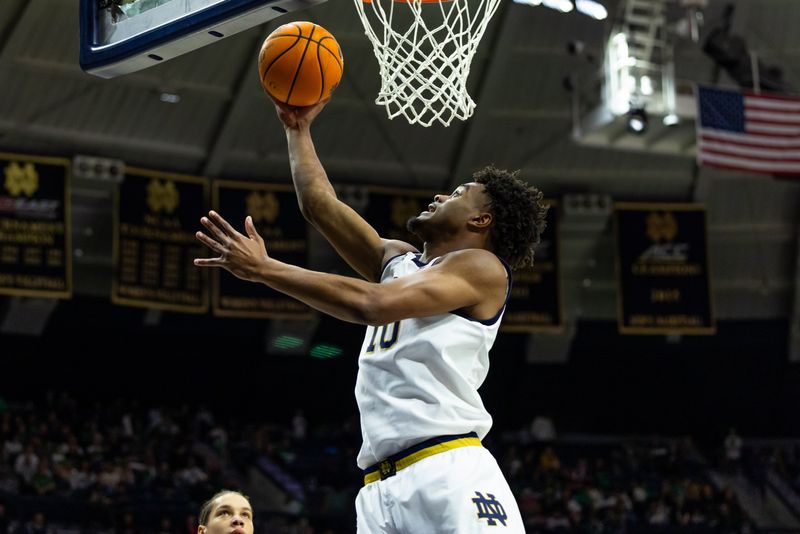 Feb 28, 2026; South Bend, Indiana, USA; Notre Dame Fighting Irish forward Jalen Haralson (10) shoots during the first half at Purcell Pavilion at the Joyce Center. Mandatory Credit: Michael Caterina-Imagn Images