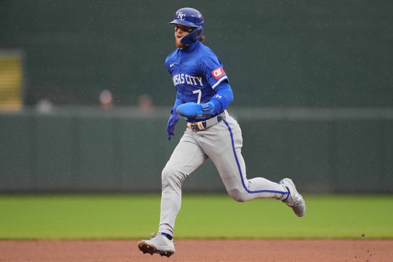 Apr 3, 2024; Baltimore, Maryland, USA; Kansas City Royals shortstop Bobby Witt Jr. (7) advances to third base when the catcher dropped the pitch in the first inning against the Baltimore Orioles  at Oriole Park at Camden Yards. Mandatory Credit: Mitch Stringer-USA TODAY Sports