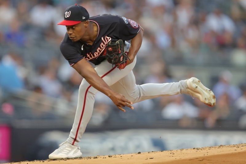 Aug 22, 2023; Bronx, New York, USA; Washington Nationals starting pitcher Josiah Gray (40) follows through on a pitch against the New York Yankees during the first inning at Yankee Stadium. Mandatory Credit: Brad Penner-USA TODAY Sports