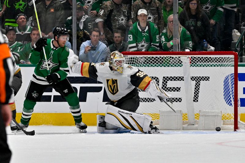 Apr 22, 2024; Dallas, Texas, USA; Dallas Stars center Joe Pavelski (16) attempts to redirect the puck past Vegas Golden Knights goaltender Logan Thompson (36) during the third period in game one of the first round of the 2024 Stanley Cup Playoffs at the American Airlines Center. Mandatory Credit: Jerome Miron-USA TODAY Sports