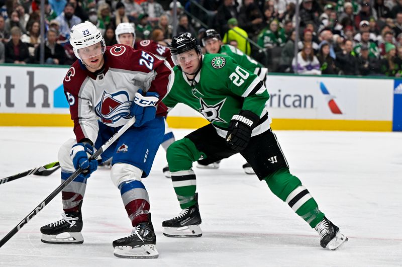 Jan 4, 2024; Dallas, Texas, USA; Colorado Avalanche right wing Logan O'Connor (25) skates past Dallas Stars defenseman Ryan Suter (20) in the Stars zone during the third period at the American Airlines Center. Mandatory Credit: Jerome Miron-USA TODAY Sports