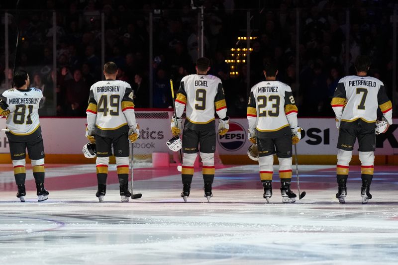 Jan 10, 2024; Denver, Colorado, USA; Vegas Golden Knights right wing Jonathan Marchessault (81) and center Ivan Barbashev (49) and center Jack Eichel (9) and defenseman Alec Martinez (23) defenseman Tobias Bjornfot (7) before the game against the Colorado Avalanche at Ball Arena. Mandatory Credit: Ron Chenoy-USA TODAY Sports