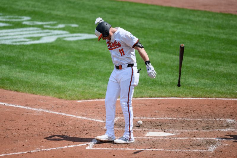 Jul 31, 2024; Baltimore, Maryland, USA; Baltimore Orioles third baseman Jordan Westburg (11) is hit by a pitch during the fifth inning against the Toronto Blue Jays at Oriole Park at Camden Yards. Mandatory Credit: Reggie Hildred-USA TODAY Sports