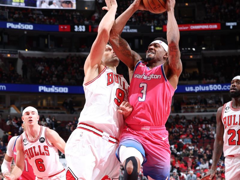 CHICAGO, IL - FEBRUARY 26: Bradley Beal #3 of the Washington Wizards drives to the basket during the game against the Chicago Bulls on February 26, 2023 at United Center in Chicago, Illinois. NOTE TO USER: User expressly acknowledges and agrees that, by downloading and or using this photograph, User is consenting to the terms and conditions of the Getty Images License Agreement. Mandatory Copyright Notice: Copyright 2023 NBAE (Photo by Jeff Haynes/NBAE via Getty Images)