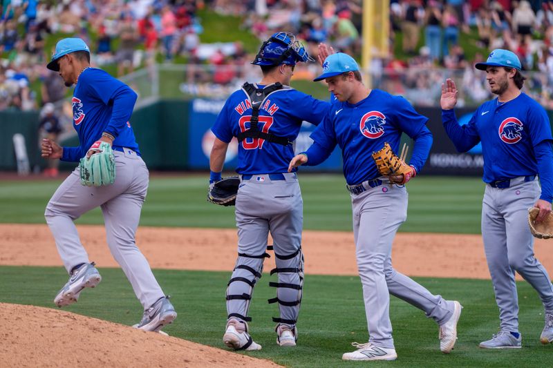 Mar 16, 2024; Tempe, Arizona, USA; A detailed view as Chicago Cubs players celebrate after beating the Los Angeles Angels during a spring training game at Tempe Diablo Stadium. Mandatory Credit: Allan Henry-USA TODAY Sports