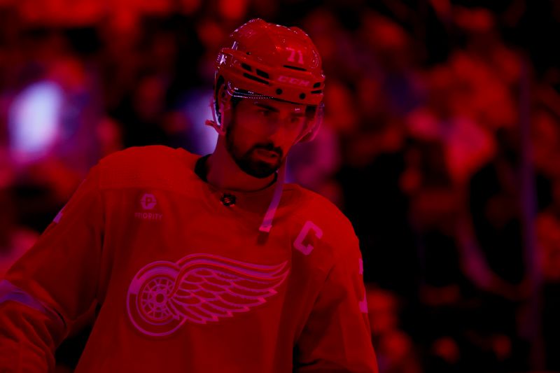 Mar 2, 2024; Detroit, Michigan, USA; Detroit Red Wings center Dylan Larkin (71) during player introductions before the game against the Florida Panthers at Little Caesars Arena. Mandatory Credit: Rick Osentoski-USA TODAY Sports