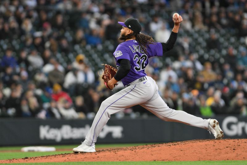 Apr 16, 2023; Seattle, Washington, USA; Colorado Rockies relief pitcher Dinelson Lamet (32) pitches to the Seattle Mariners during the sixth inning at T-Mobile Park. Mandatory Credit: Steven Bisig-USA TODAY Sports