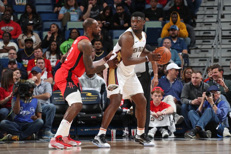 NEW ORLEANS, LA - FEBRUARY 22: Zion Williamson #1 of the New Orleans Pelicans handles the ball during the game against the Houston Rockets on February 22, 2024 at the Smoothie King Center in New Orleans, Louisiana. NOTE TO USER: User expressly acknowledges and agrees that, by downloading and or using this Photograph, user is consenting to the terms and conditions of the Getty Images License Agreement. Mandatory Copyright Notice: Copyright 2024 NBAE (Photo by Layne Murdoch Jr./NBAE via Getty Images)